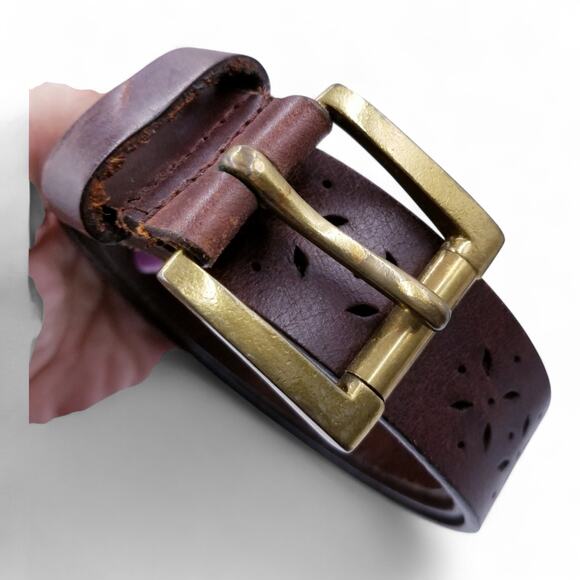 Leather Belt Brown Perforated Leather w/ Brass Buckle Made in India - Size M/L - Picture 4 of 6